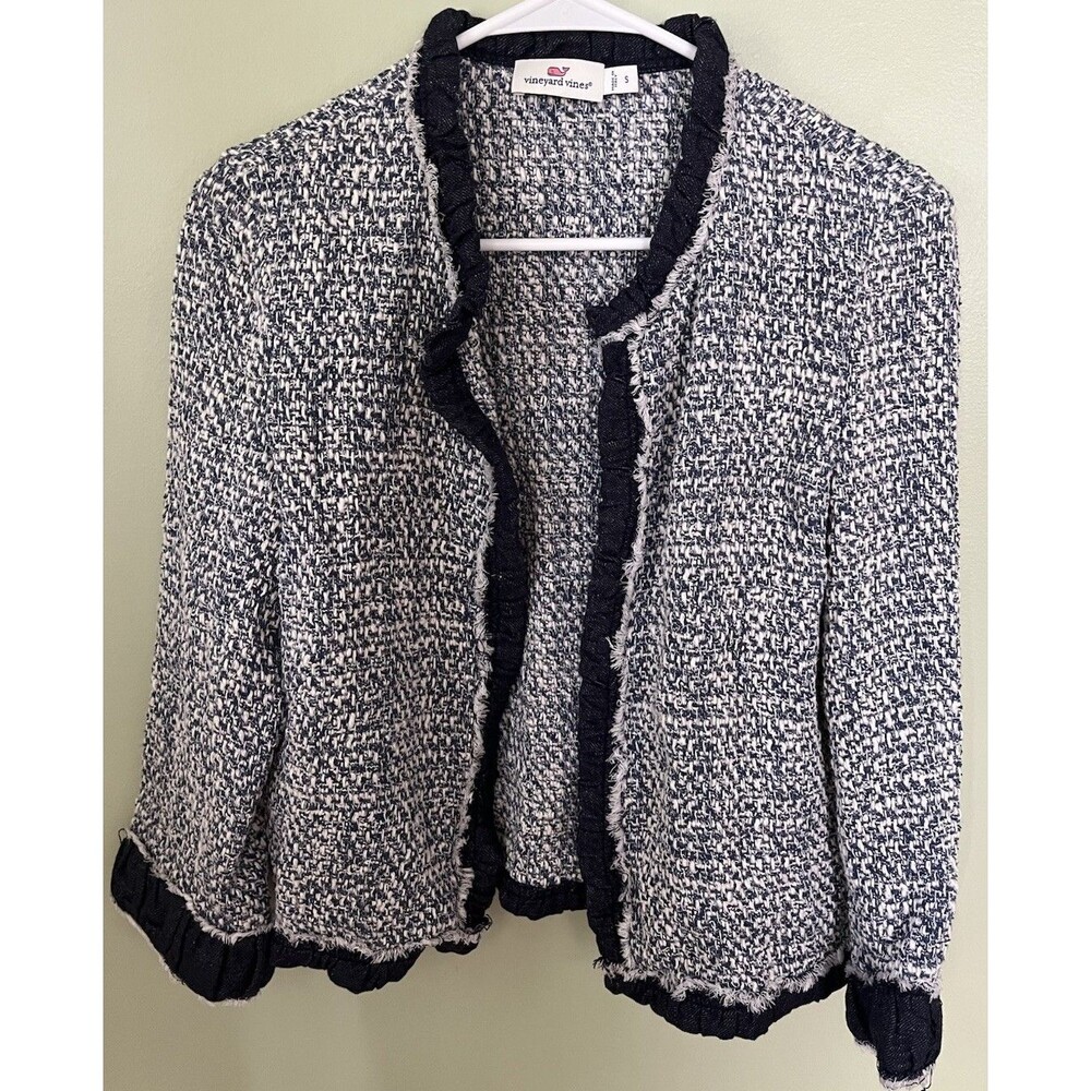 Vineyard Vines Cropped Tweed Blazer Blue/White Woven Texture Frayed Trim Small